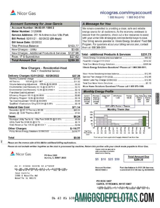 Para baixar modelo Word e PDF de conta de serviços públicos NICOR GAS dos EUA